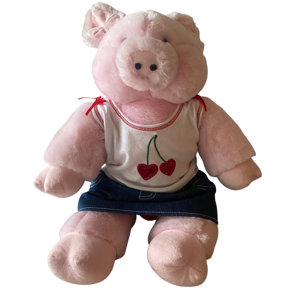 Build A Bear‎ Pink Pig Plush Stuffed Animal Denim Skirt Cherry Top Cute